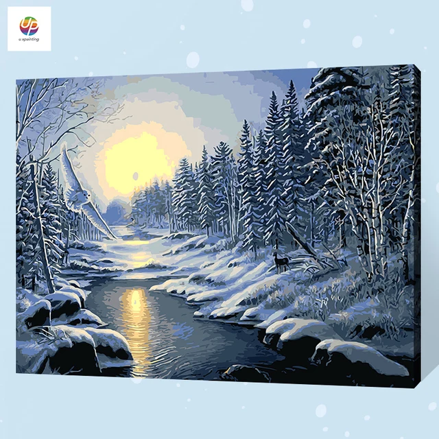digital oil painting by number forest sunset winter snow acrylic