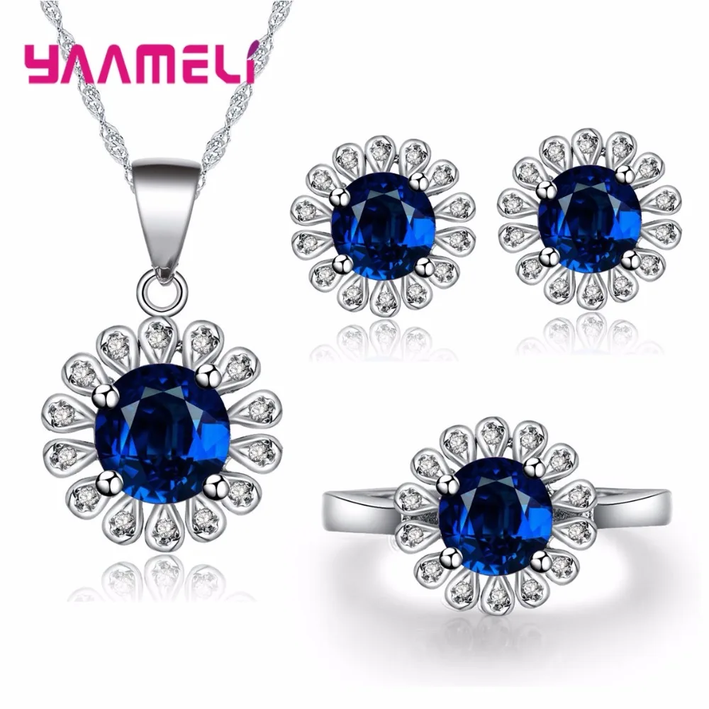 Romantic Flower Pattern Crystal Earrings Necklace Ring Set With Silver Chain Jewelry Sets Wedding Valentine's Gift | Украшения и