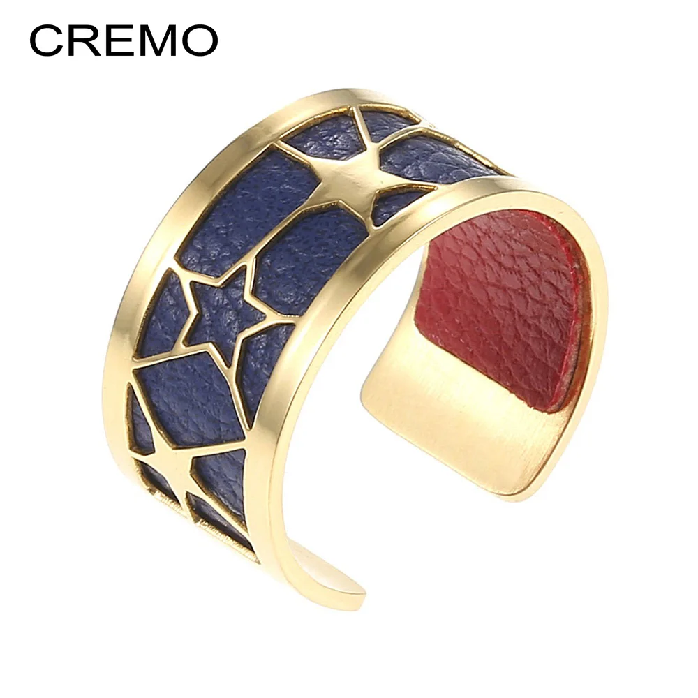 

Cremo stainless steel Star Women Fashion rings Gold Open rings For Women Vintage Bague Femme 12 Color Reversible Leather Band