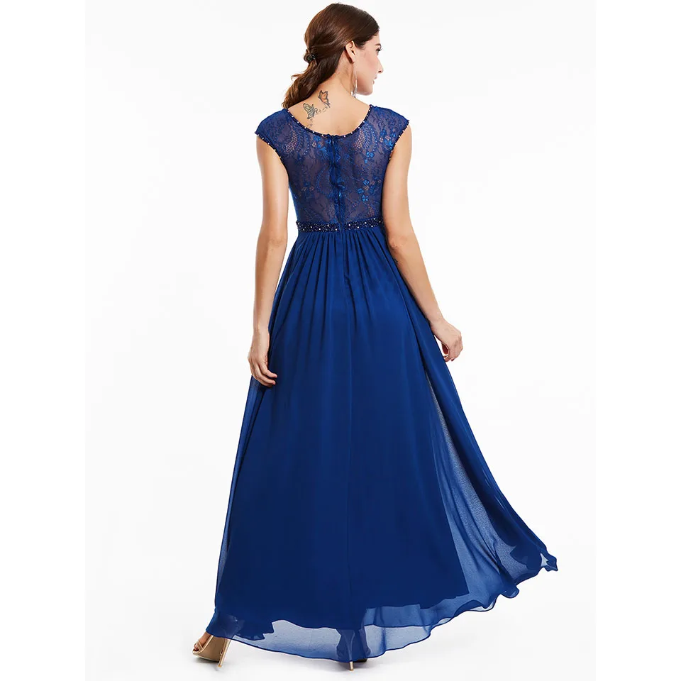 Dressv темно-ярко-синий, с вышивкой бисером совок шеи длинное вечернее платье без рукавов свадебное платье формальное платье линия вечернее платье es