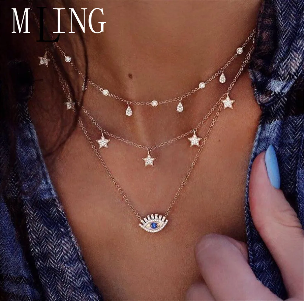

MLING New Boho Start and Water Drop Necklace For Women Gold Choker Crystal Minimalist Multi Layered Necklaces Fashion Jewelry