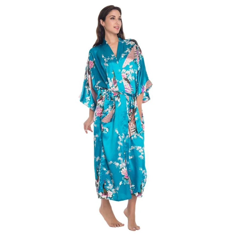 blue chinese women long silk rayon robe kimono yukata bath gown sexy plus size silk robe