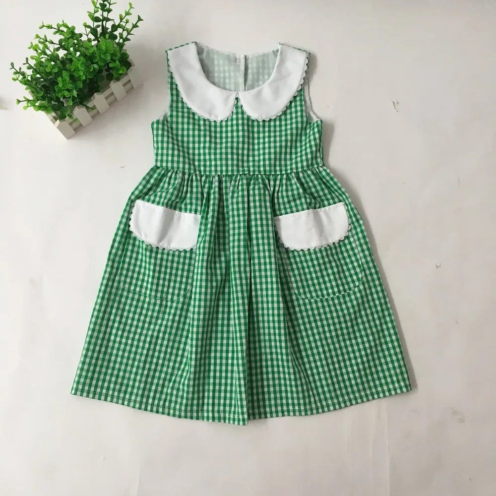 Puresun High Quality Design Girl Dress Children Green Gingham Dress With Button Princess Boutique Frocks Toddler Outfit
