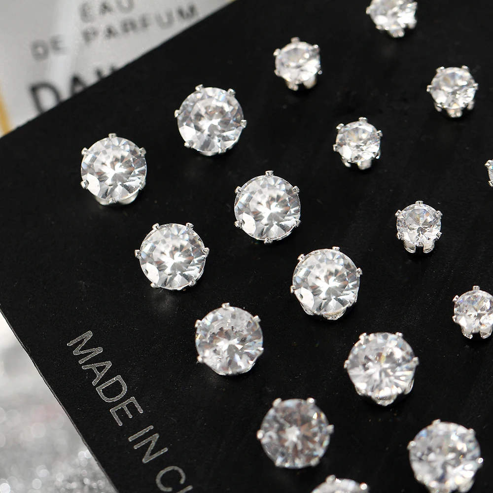 17KM Fashion Cubic Zirconia Stud Earrings Set For Woman Simple Round Silver Color Earring Statement Party Jewelry Gifts 12 Pairs - Image 2