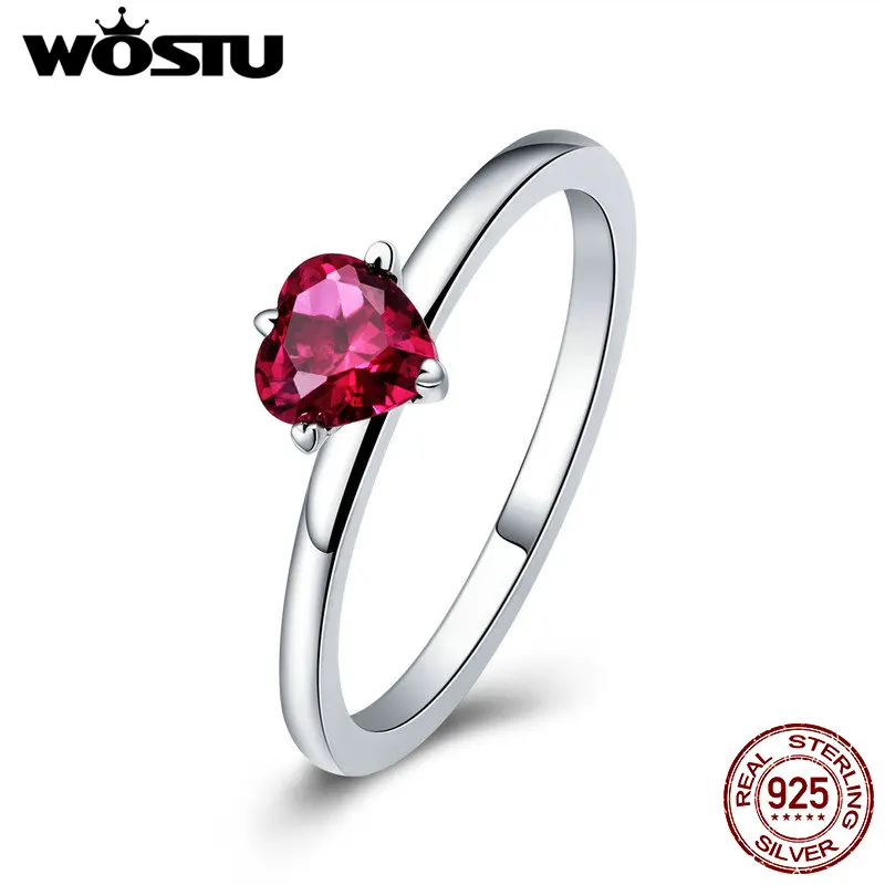 

WOSTU Authentic 925 Sterling Silver Red Heart CZ Stone Ring for Women Lover Luxury Brand Wedding Engagement Jewelry Gift DXR389