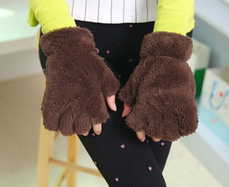 1 пара, кавайные Зимние перчатки для женщин, девушек, теплые перчатки в виде лап, милые пушистые перчатки без пальцев с медвежонком, кошкой, плюшевой лапой, косплей рукавицы