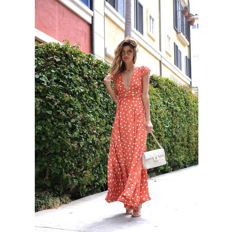 

JSMY New Bohemian Chiffon Polka Dot Short Sleeve V-neck Long Dress Maxi Dress
