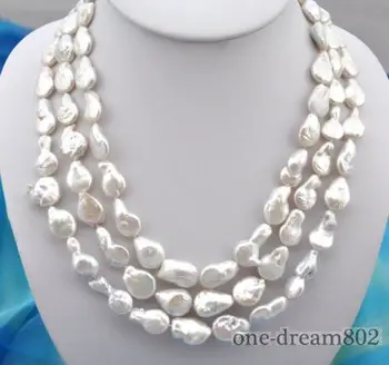 

new 3row 20" 12-14mm baroque white freshwater pearl necklace