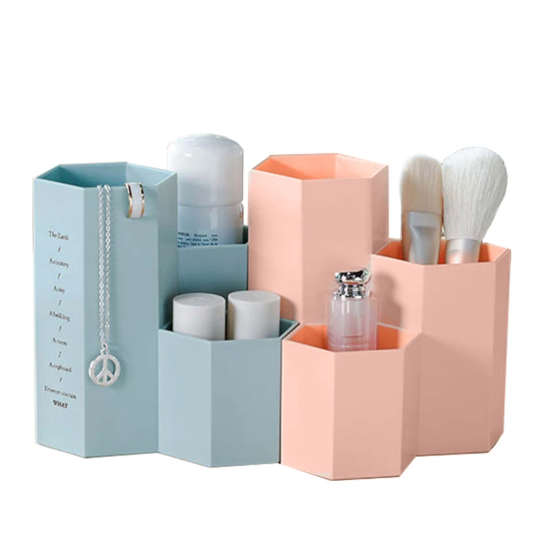

Korea Creative Fresh Hexagon Pen Jewelry Cosmetic Simple Plastic Desktop Box Students Office Storage Boxes Brush Stationery Case