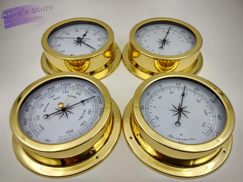4 pcs/set Brass Case Traditional Weather Station Barometer Temperature