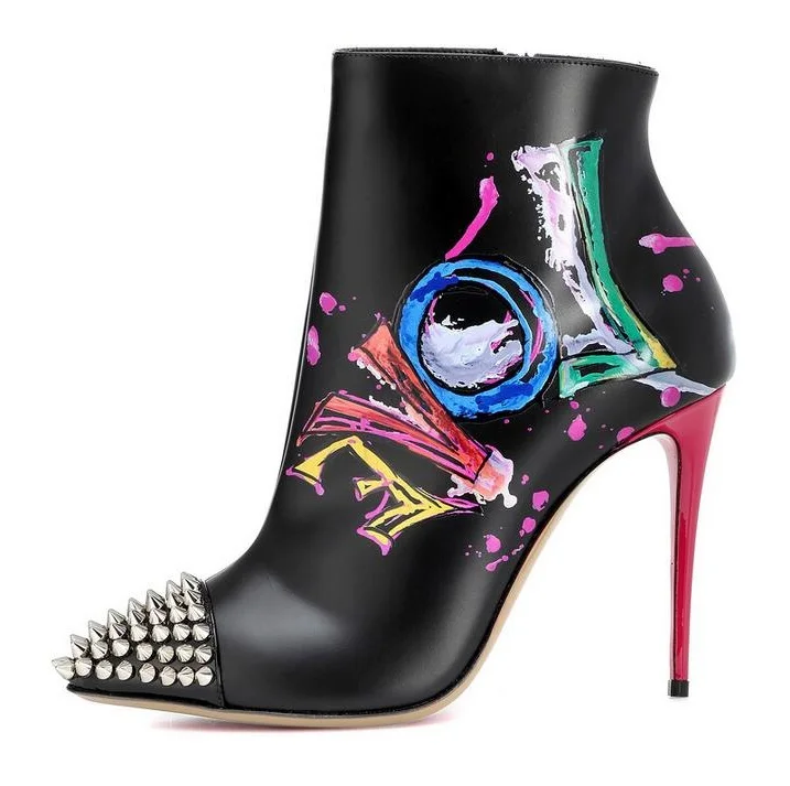 

New Designer Black Leather Graffiti Studded Ankle Boots Pointed Toe Rivets High Heels Winter Boots Women Side Zipper Shoes