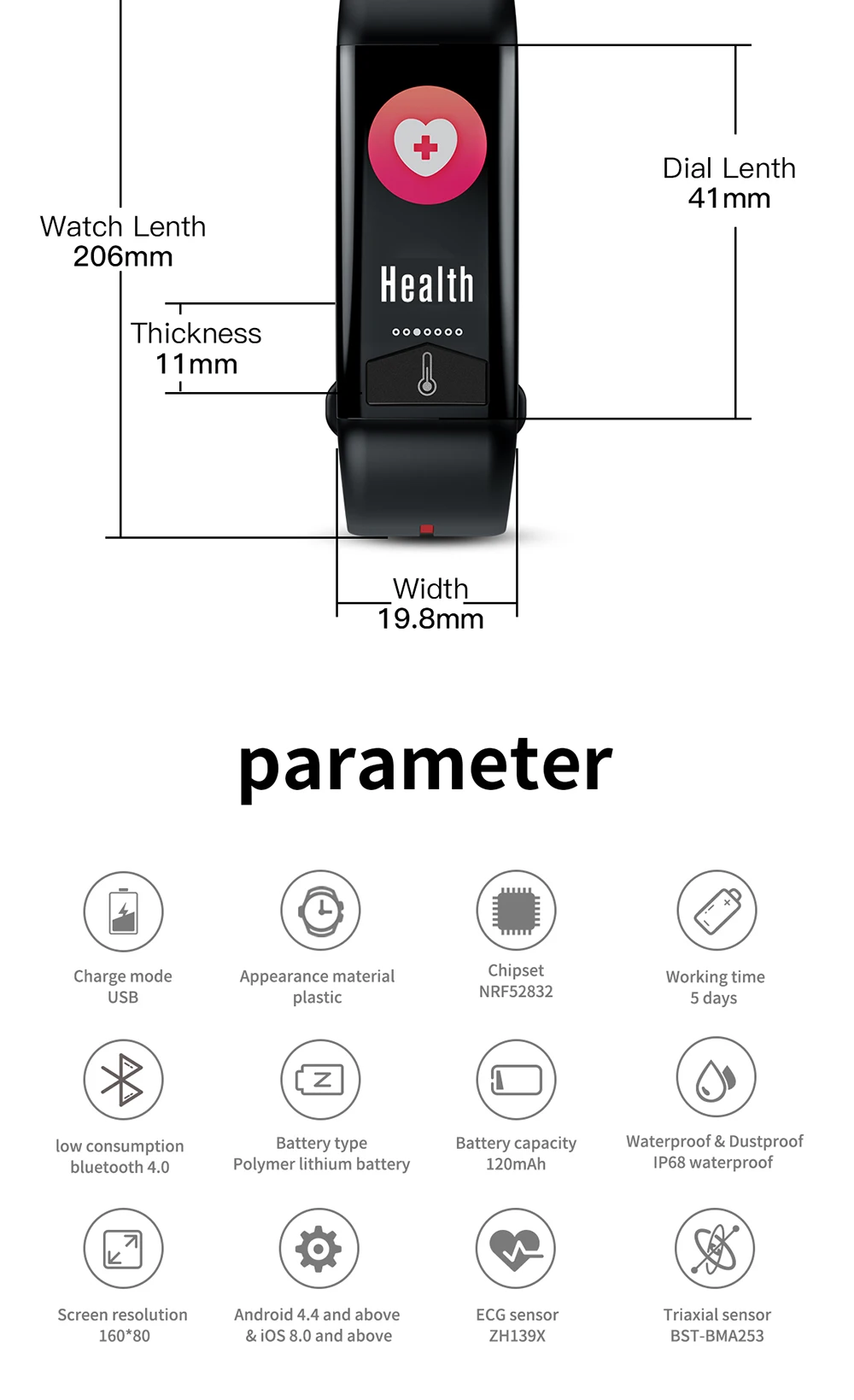 T02 фитнес умный браслет для мужчин и женщин IP68 водонепроницаемый браслет пульсометр ЭКГ монитор умный Браслет Погода Температура тела показана