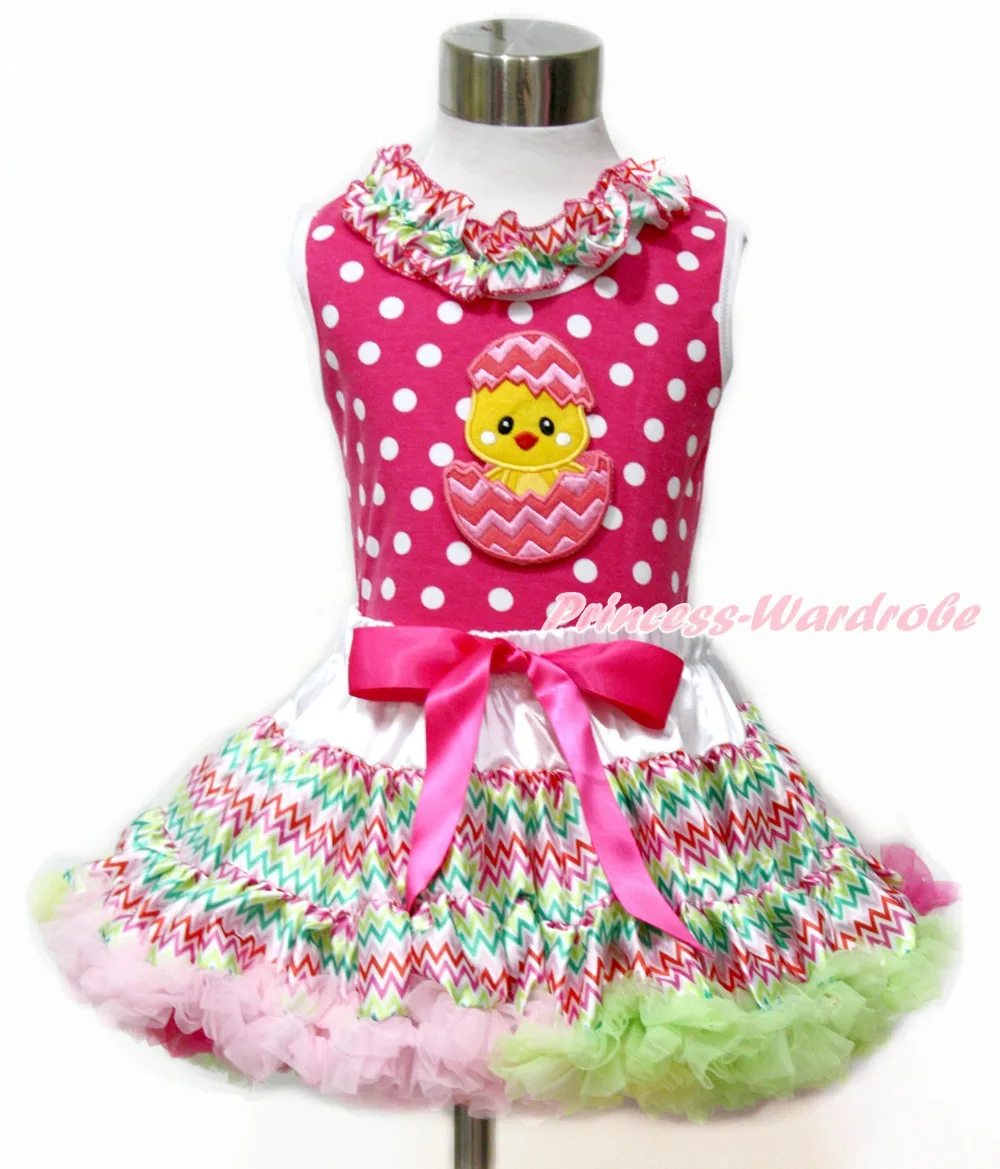

Easter Egg Chick Hot Pink White Dot Top Rainbow Stripe Girl Pettiskirt 1-8Year MAMH174