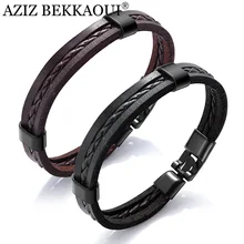 AZIZ BEKKAOUI винтажные черные кожанные панк браслеты для мужчин уникальный коричневый браслет из нержавеющей стали крючок для мужчин ювелирные изделия подарок