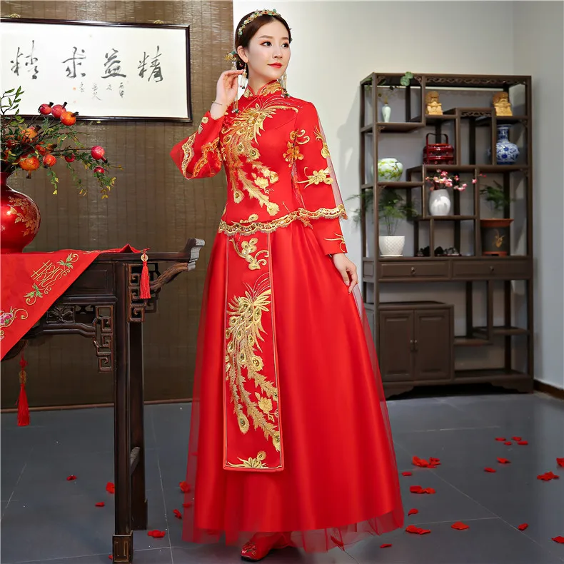 Традиционное китайское платье Qipao красный одежда с длинным рукавом Cheongsam хлопок невесты Вечерние платья Феникс Восточный Свадебные