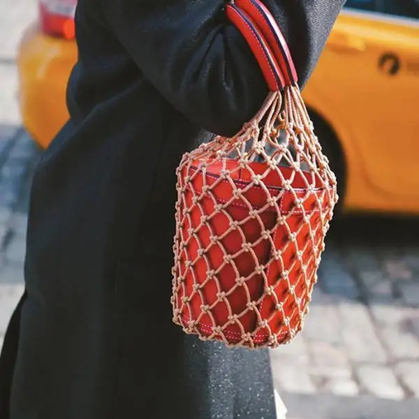 

TEXU Popular Hollow Net Bags Chic Women Bucket Tote Bag Barrel Shaped Lady Vintage Handbags Leather Composite Bag