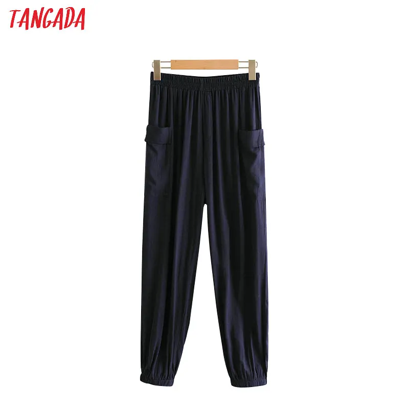 

Tangada women street wear harem pants pockets elastic waist pleated casual wear female long chic navy trousers mujer HY215
