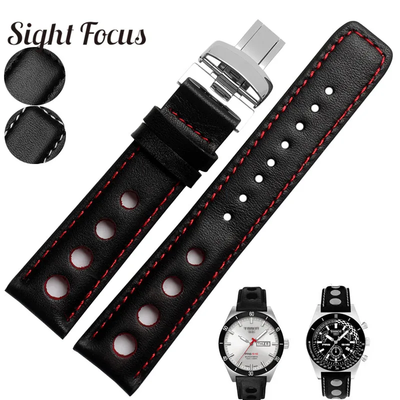 

20mm Perforated Men's Cowhide Leather Watch Bands Strap For Tissot Sports Racing Series PRS516 T91 Bracelet Wristband Belts Male