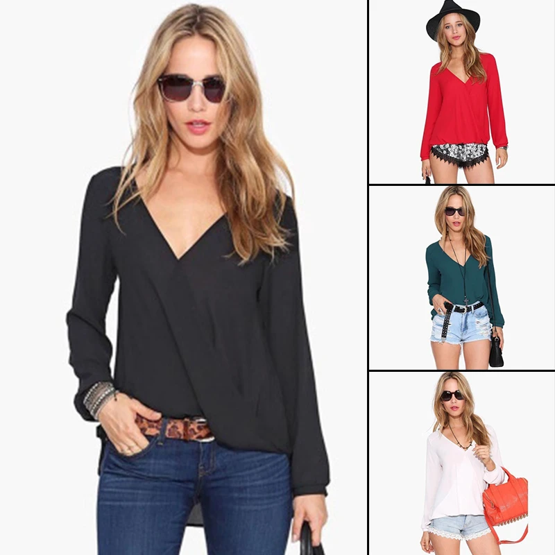 2018 New European Style Autumn Long Sleeve OL Blouses Sexy V Neck Casual Women Shirt Color Plus Size Women Clothing Blouses
