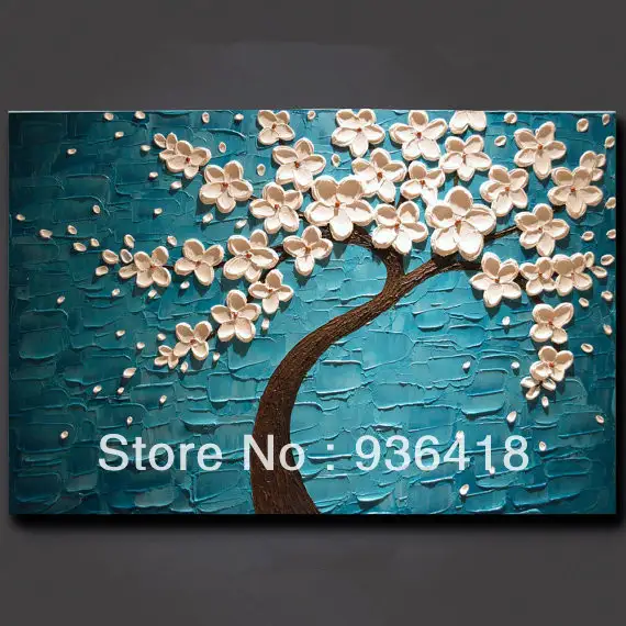 Large Blossom Tree Painting Palette Knife Impasto Textured On Blue
