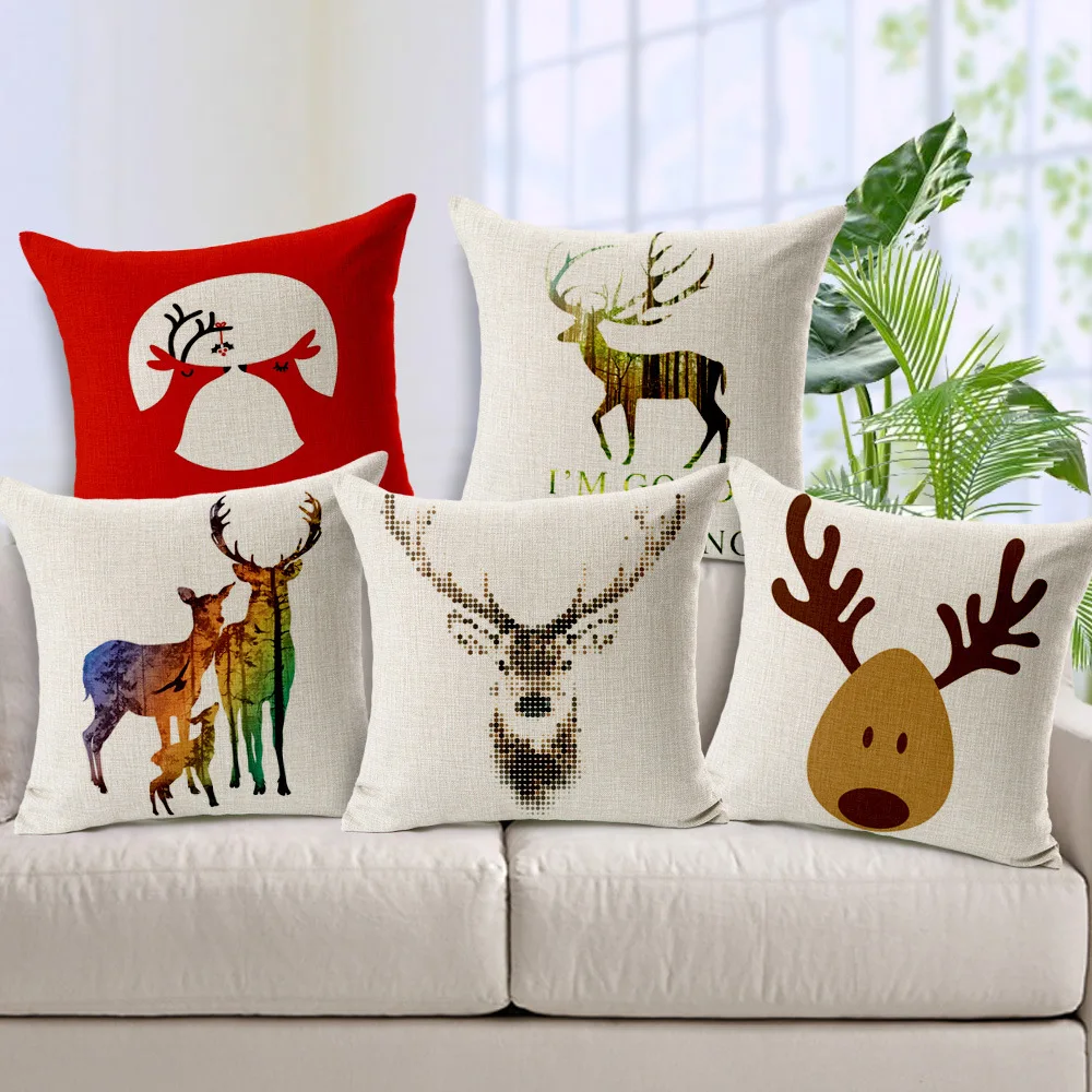 Christmas Reindeer Linen Cushion Cover Elk New Year Decorative Christmas Reindeer Linen Cushion Cover Elk New Year Decorative Pillow Cases For Sofa X Mas Decor Funda Cojin 45 Bzt 78 In From Home