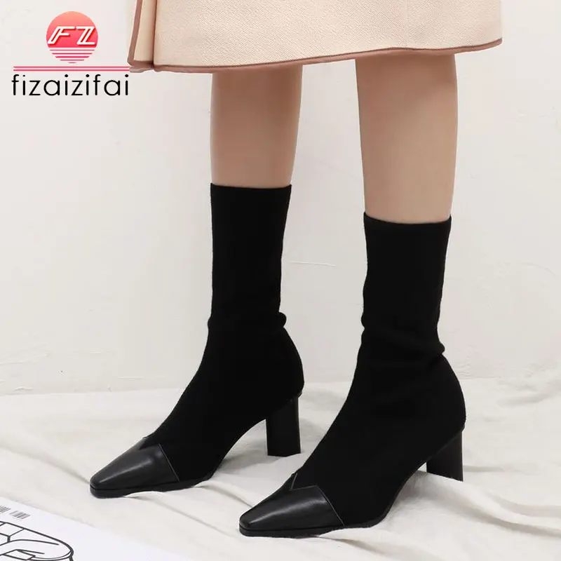 

Coolcept Women Half Short Boots Real Leather Point Toe Office Shoes Women Winter High Heels Casual Stretch Footwear Size 34-39