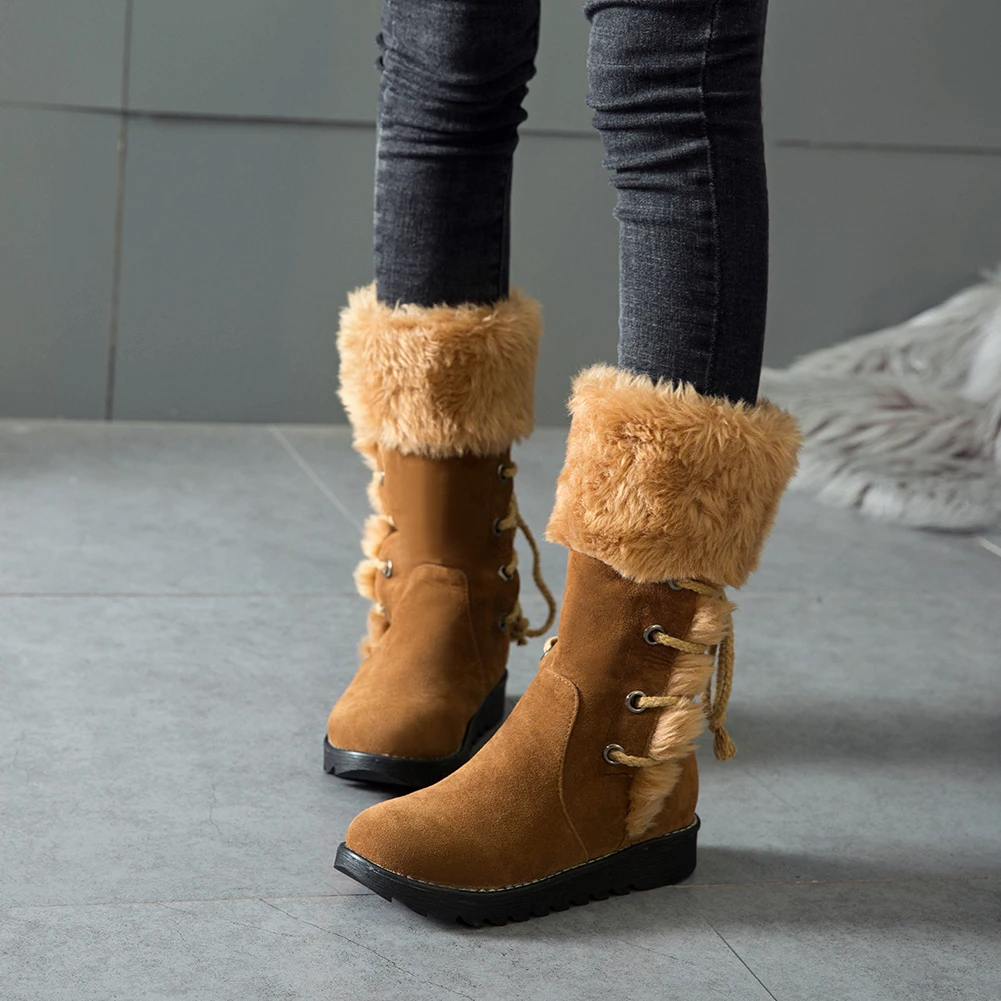 

Dilalula Brand New Women Ankle Boots Lace Up Faux Fur Decoration Bowtie Low Wedges Boots Winter Shoes Woman 34-43 Plus Size