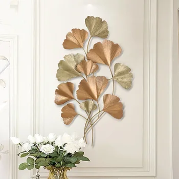 

Gold Leaf Wrought Iron Ginkgo Biloba Wall Hanging Decorative 3D Wall Crafts Decoration Home Livingroom Background Mural R2162