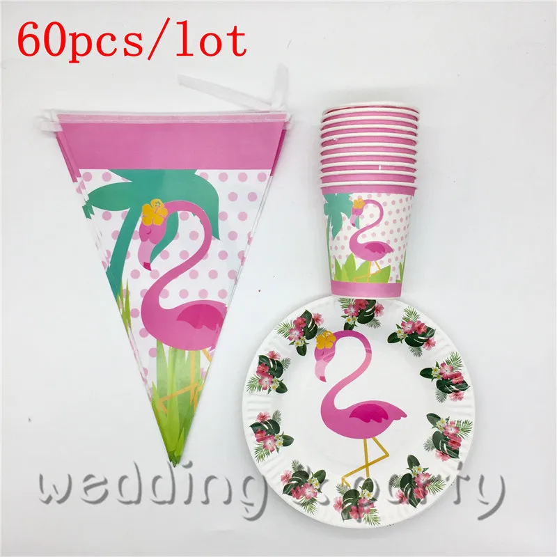 Flamingo Animal 60pcs\lot Baby Shower Party Plates Cartoon Cup Tablecloth Kids Favors Birthday Trolls flags Decoration Supplies