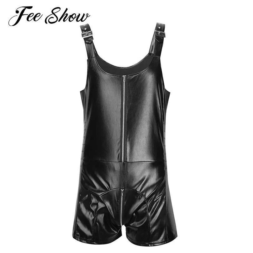 Sexy Mens Faux Leather Sleeveless Zipper Leotard Bodysuit Clubwear with