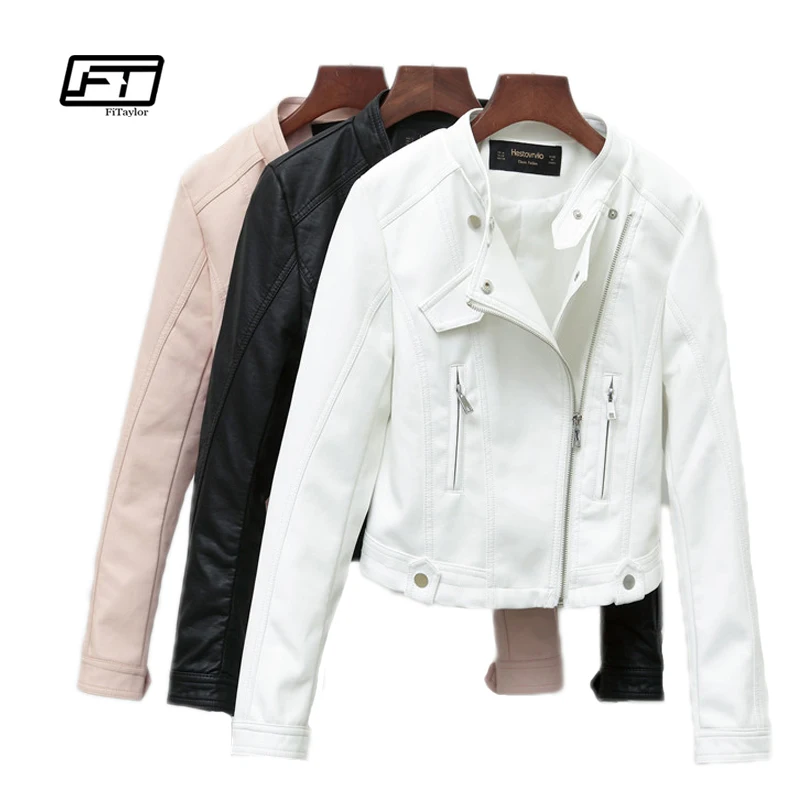 Fitaylor New Spring Autumn Women Short Faux PU Jacket Slim Fashion Punk Outwear Motorcycle Leather Jacket Casual Coat