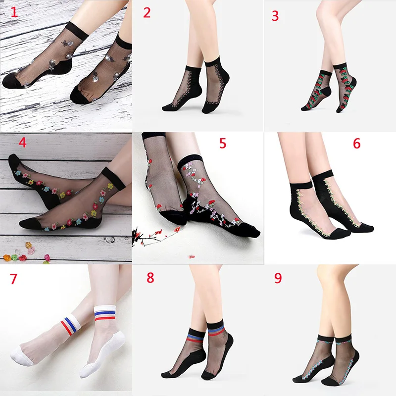 Women's Transparent Printing Socks Anti-silk Wear-resistant Thin Crystal Tube Sock Glass Silk Flowers | Женская одежда