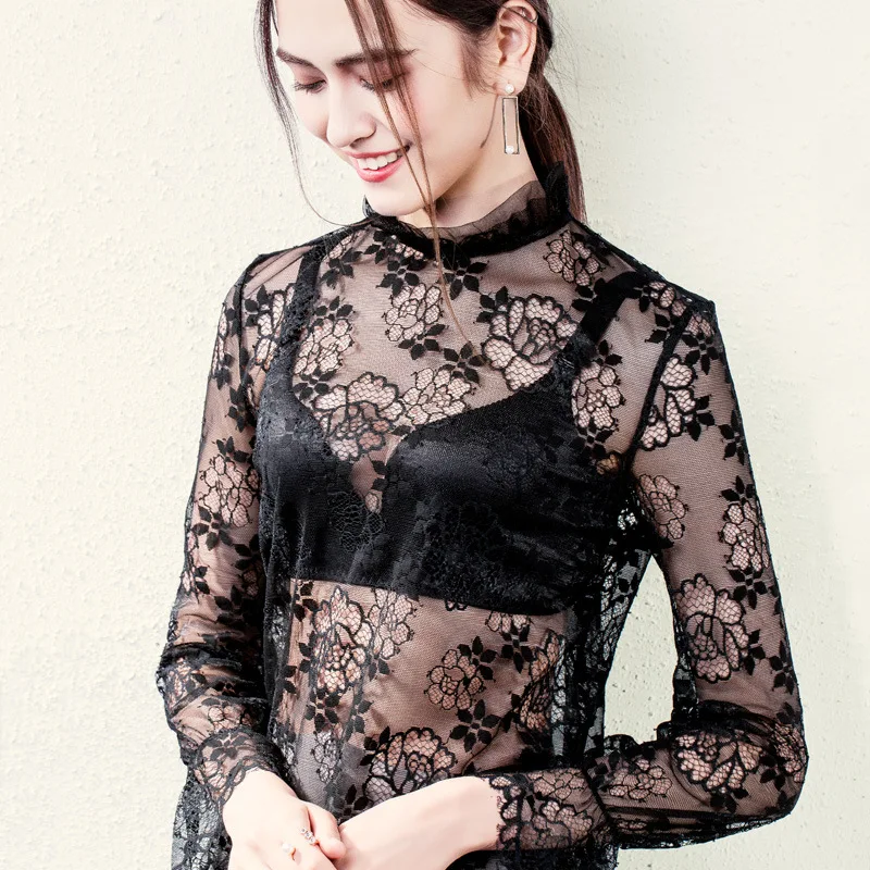 

2019 Summer Women's Sexy See Through Mesh Long Sleeve Blouses Transparent Shining Elegant Shirt Fashion Women Tops lace Shirt