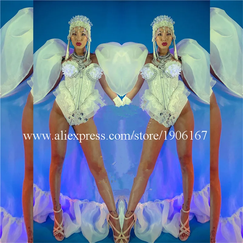 Christmas led costumes luminous glowing bra catwalk show white ds dress dj wears dance outfits clothe cloak head piece club01