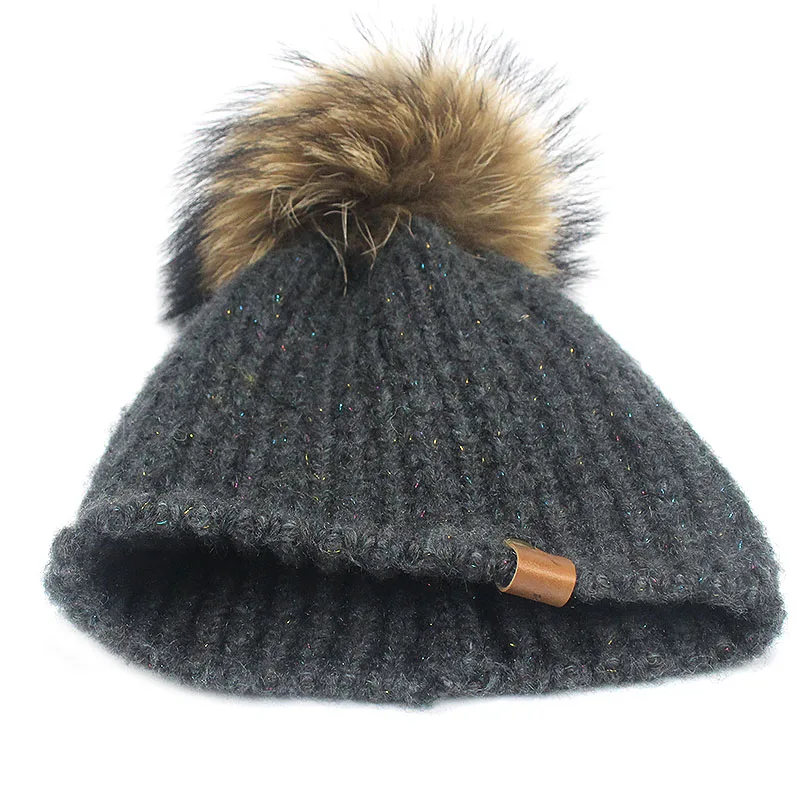 Женская зимняя шапка с помпоном из натурального меха енота|Женские Skullies и