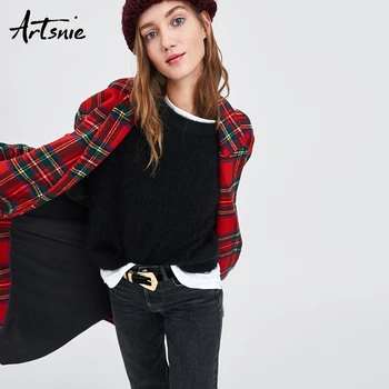 

Artsnie Autumn 2018 Red Plaid Casual Long Overcoat Women Streetwear Long Sleeve Single Breasted Winter Coats Casaco Feminino