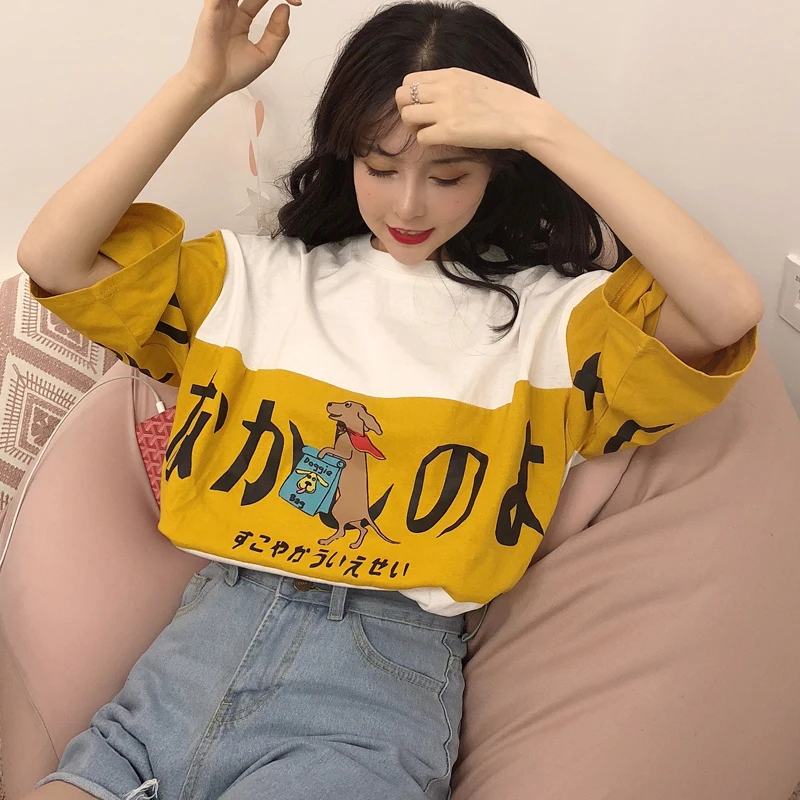 Ulzzang, летние милые японские топы с рисунками из мультфильмов, новинка, Harajuku, женская, три четверти, Корея, большой размер, свободная, повседневная, забавная, хлопковая футболка