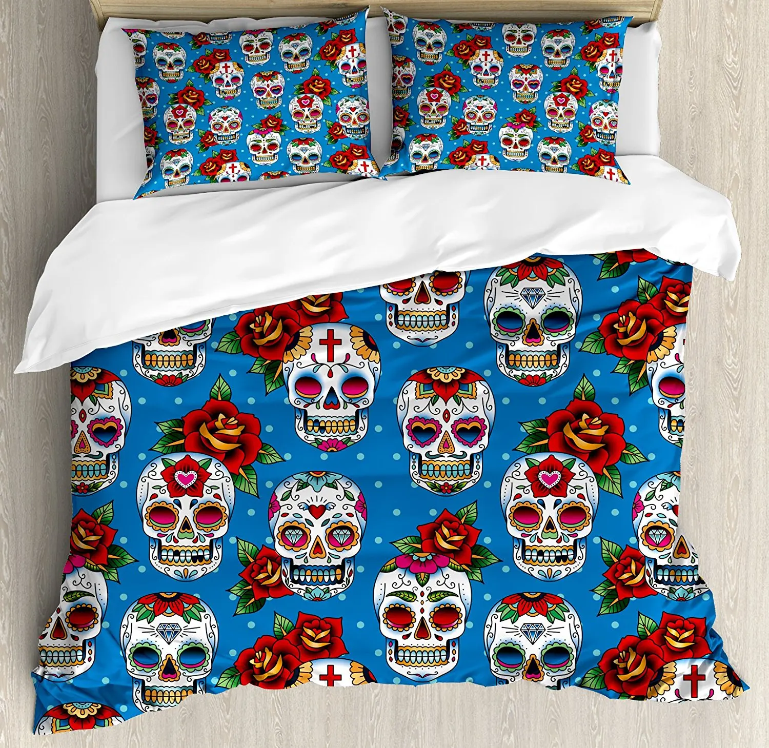 

Sugar Skull Decor Duvet Cover Set Retro Mexican Cultural Pattern on Polka Dots Rose Bouquets Skeletons 4 Piece Bedding Set