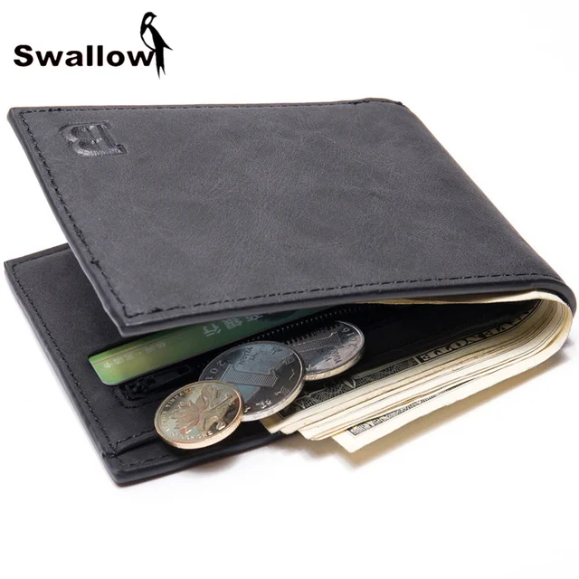 SWALLOW Black Leather Men's Wallet With Coin Pocket Card Holder Short Wallets For Men Luxury Brand Male Purse Dollar Price