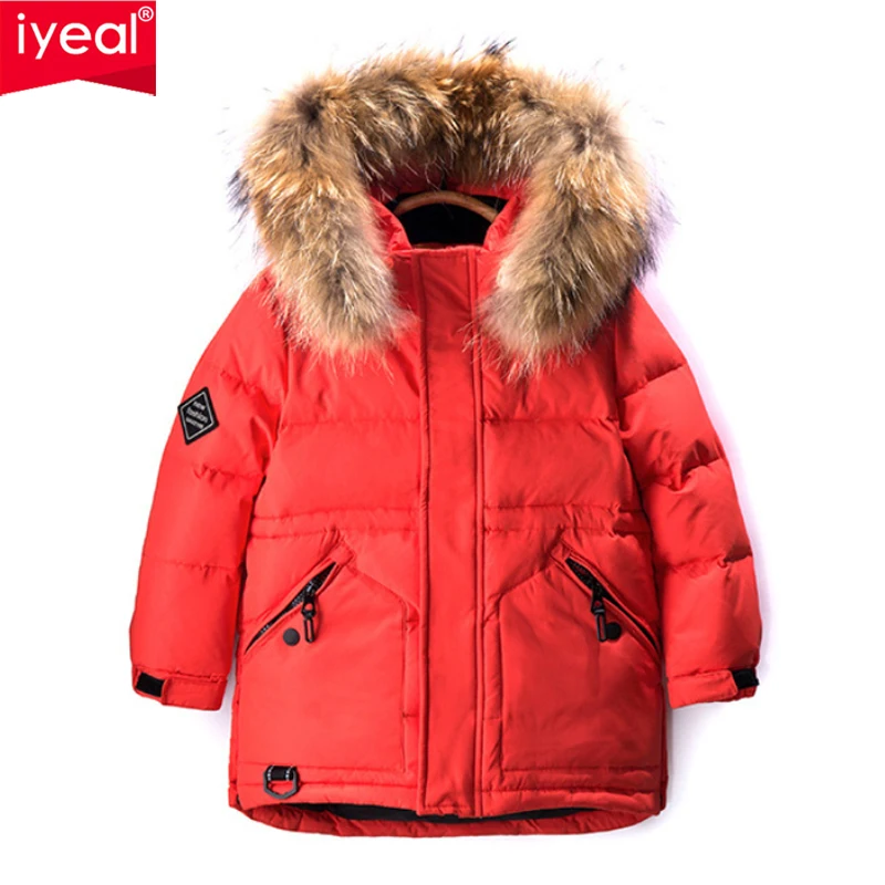 

IYEAL Winter White Duck Down Jacket for Boys Fashion Casual Hooded Thick Warm Long Coat Children Real Large Fur Collar Outerwear