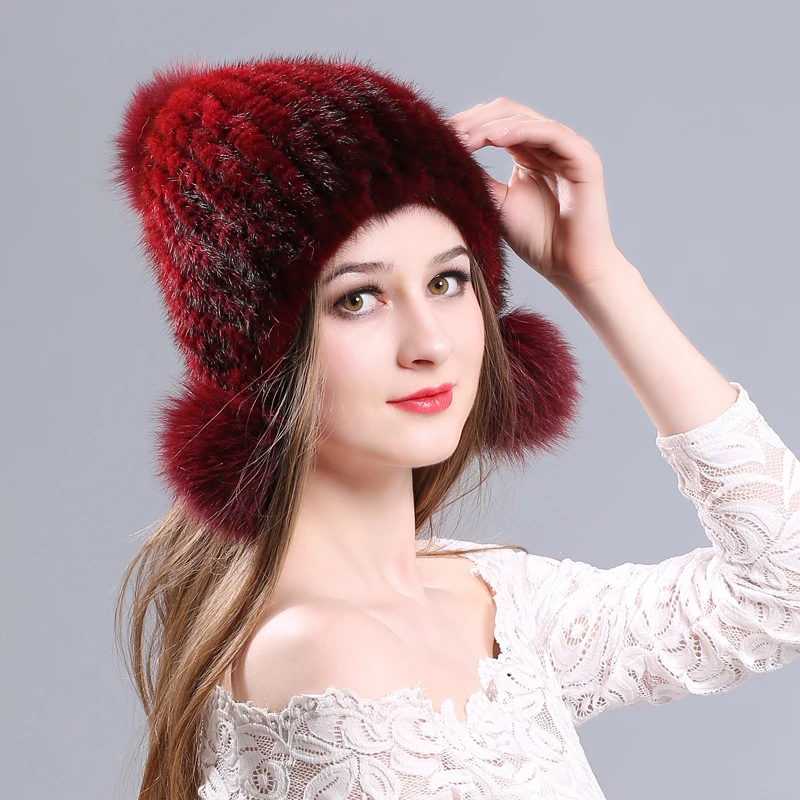 Осень-зима, женская шапка из натурального меха норки, шапка бини, вязаная шапка с ушками, эластичная шапка, толстая шапка для девочек в русском стиле
