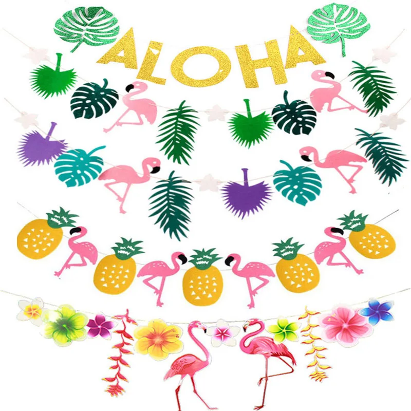 

Hawaii Beach Flamingo Pineapple Aloha Banner Bunting Summer Birthday Tropical Party Wedding Decorations Coconut Leaf Garlands