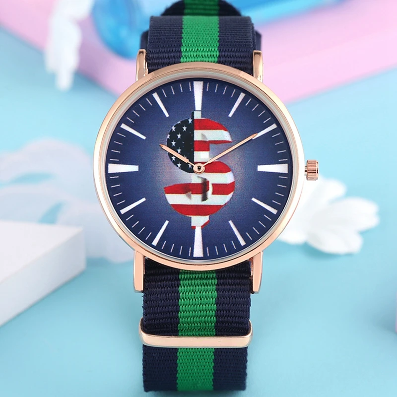 

Top American Flag Star Striped Print Theme Watch Men's US Dollar Currency Symbol Female Wristwatch Nylon Canvas Band Time Clock