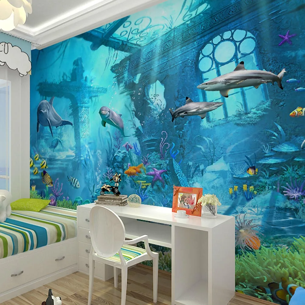 3D тиснением Sea World рыба фото стена Бумага s стеновые обои для детей Спальня Гостиная Wall Art Decor любимые обои