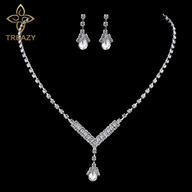 

TREAZY Simple Styles Bridal Bridesmaid Jewelry Sets Fashion Silver Crystal Wedding Jewelry Sets Necklace Earrings Set for Women