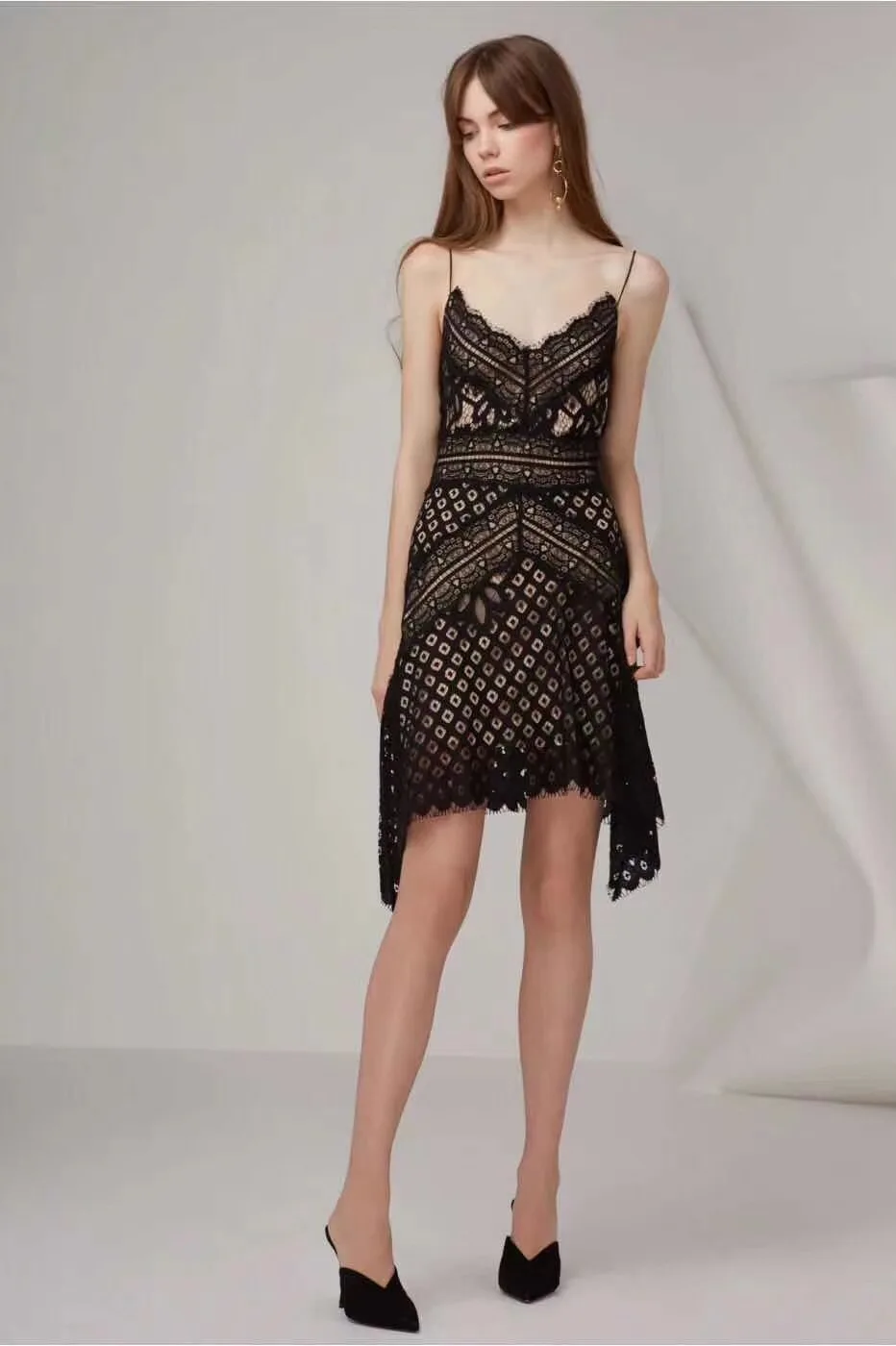 black spaghetti strap v neck dress