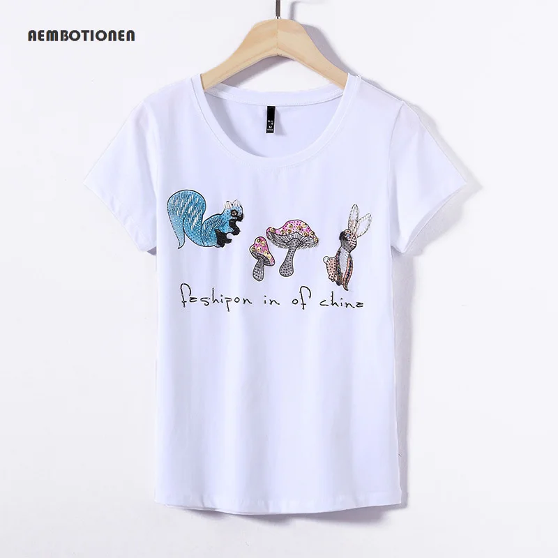 

Women Summer Short Sleeve sequined beaded squirrel mushroom Print T shirts Fashion slim White Top Tees Women Designer Clothing