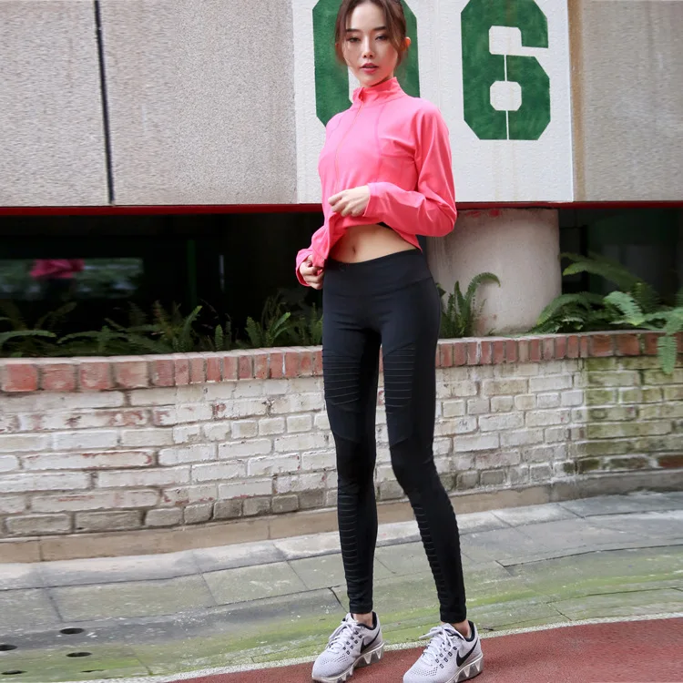 

Women Sports Yoga Pants Fitness Sportwear Trousers Pleated Mesh Compression Gym Slim Pleat Splicing Leggings