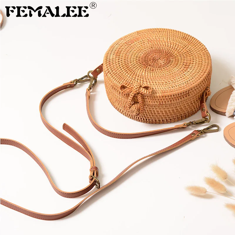 

FEMALEE Ins Sen Bohemian Round Rattan Bag Dual Use Vintage Handmade Shoulder Bag Art Handle Beach Bag Crossbody Summer Bali Bag