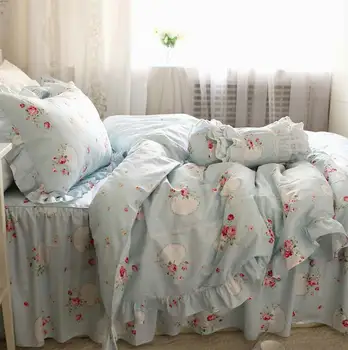 

Princess blue flower bedding set adult girl,twin full king queen home textiles 100%cotton bed dress pillow case comforter cover